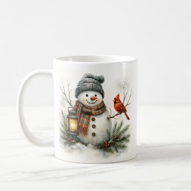 Watercolor Snowman, Lantern & Cardinal Coffee Mug (Left)