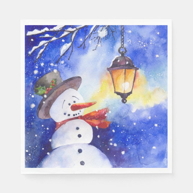 Watercolor snowman Merry Christmas New Year night Napkin (Front)