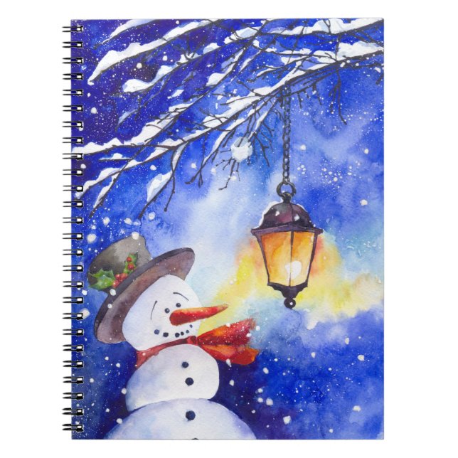 Watercolor snowman Merry Christmas New Year night Notebook (Front)