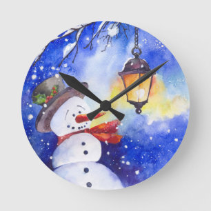 Watercolor snowman Merry Christmas New Year night Round Clock