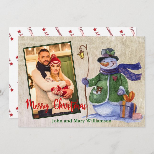 Watercolor Snowman Photo Christmas Holiday Card (Front/Back)
