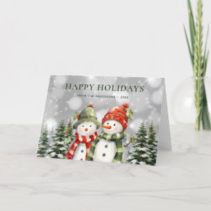 Watercolor Snowman Poinsettia Happy Holidays Holiday Card
