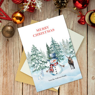 Watercolor Snowman Rabbit and Reindeer Christmas  Holiday Card