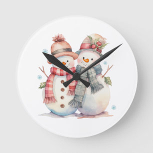 Watercolor Snowman Round Clock
