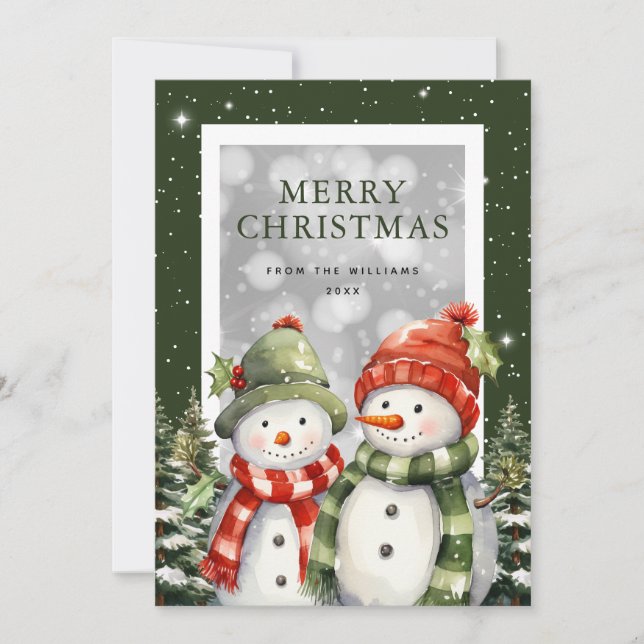 Watercolor Snowman Snow Merry Christmas Holiday Card (Front)