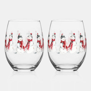 Watercolor Snowman  Stemless Wine Glass