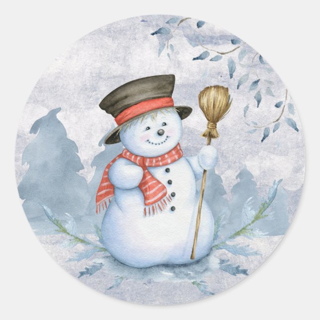 Watercolor Snowman Winter Snow Modern Christmas Classic Round Sticker (Front)