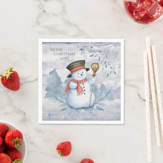 Watercolor Snowman Winter Snow Modern Christmas Napkin (Insitu)