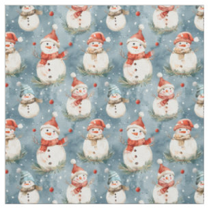 Watercolor Snowmen on A Dusty Blue Background Fabric