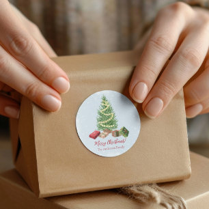 Watercolor Snowy Christmas Tree and Gifts Classic Round Sticker
