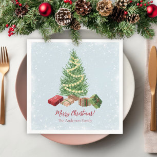 Watercolor Snowy Christmas Tree and Gifts  Napkin