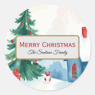 Watercolor Snowy Christmas Tree with Blue House Classic Round Sticker