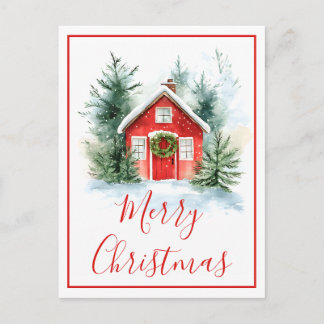 Watercolor Snowy Cottage Merry Christmas Card