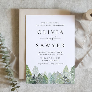 Watercolor Snowy Evergreen Forest Rehearsal Dinner Invitation