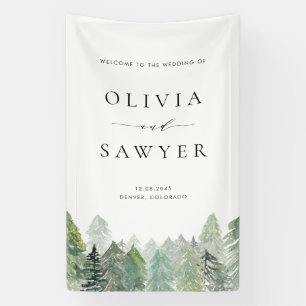 Watercolor Snowy Evergreen Forest Wedding Welcome Banner