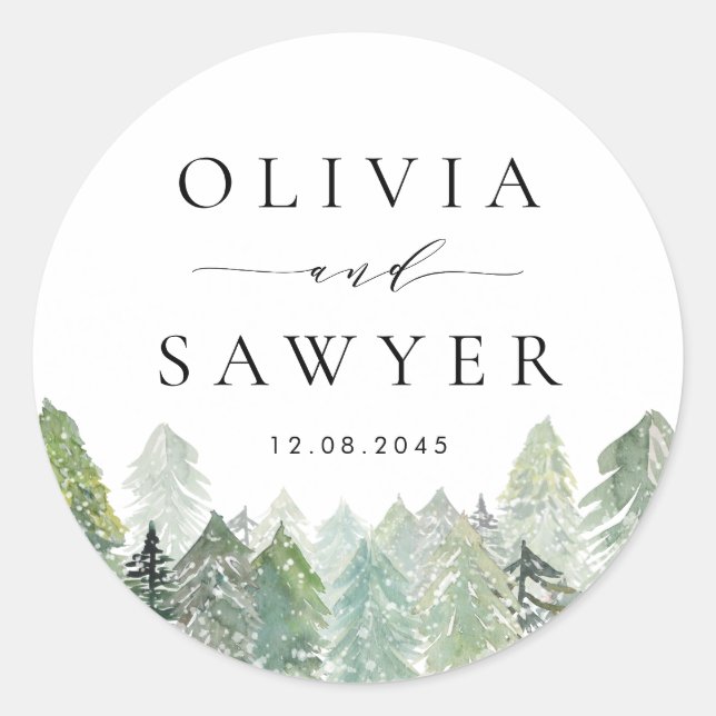 Watercolor Snowy Evergreen Woodland Winter Wedding Classic Round Sticker (Front)