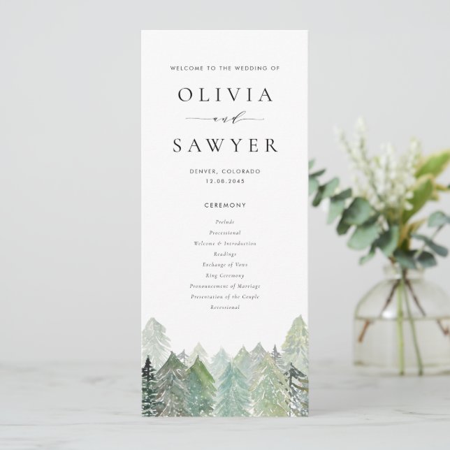 Watercolor Snowy Evergreen Woodland Winter Wedding Program (Standing Front)