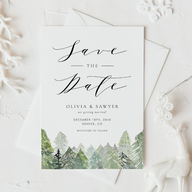 Watercolor Snowy Evergreen Woodland Winter Wedding Save The Date (QR code save the date card with snowy watercolor forest for winter weddings and outdoor themes.)