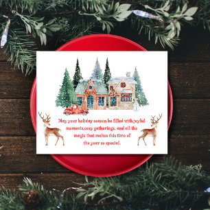 watercolor snowy house merry christmas  holiday postcard