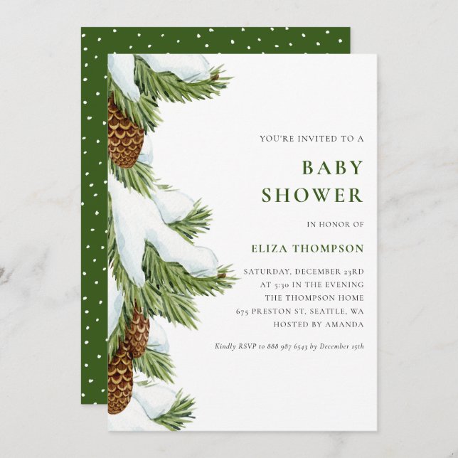 Watercolor Snowy Pine Needles Baby Shower Invitation (Front/Back)