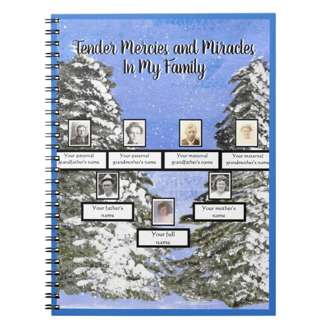 Watercolor Snowy Pine Trees Mercies Family Tree Notebook (Front)