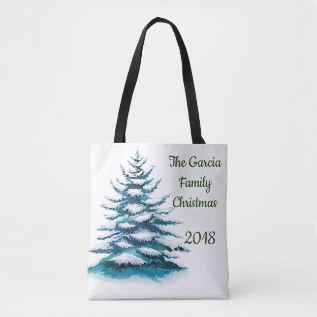 Watercolor Snowy Pine & Wreath 2 sided Family Tote Bag (Front)