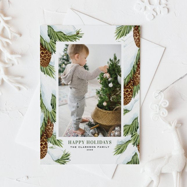 Watercolor Snowy Pinecones Happy Holidays Photo Holiday Card (Customizable photo holiday card featuring snowy watercolor balsam fir cones)