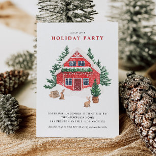 Watercolor Snowy Red Cottage Winter Holiday Party Invitation