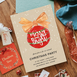 Watercolor Snowy Red Ornaments Merry & Bright Invitation