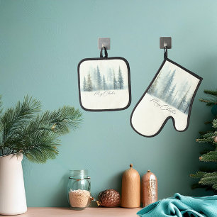 Watercolor snowy trees custom Christmas Oven Mitt & Pot Holder Set