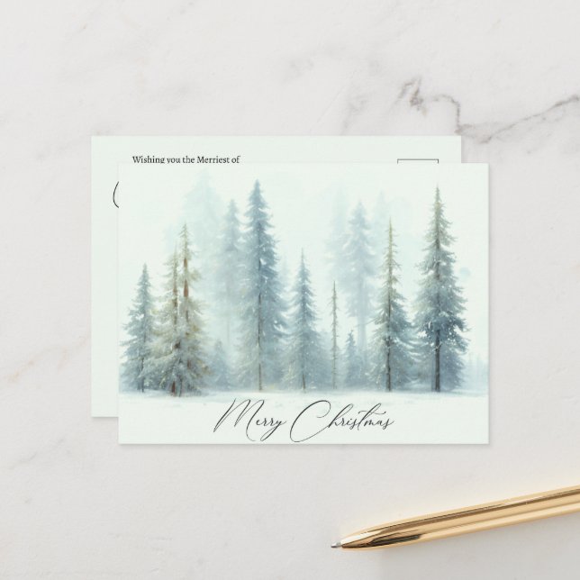 Watercolor snowy trees custom Christmas Postcard (Front/Back In Situ)