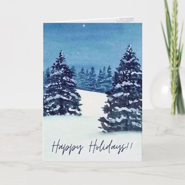 Watercolor snowy trees, Folded Holiday Card (Front)