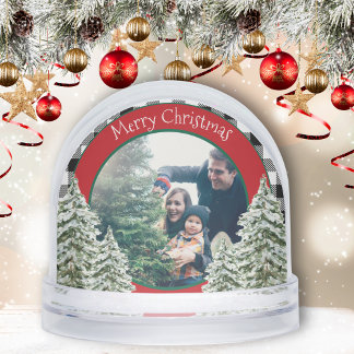 Watercolor Snowy Trees With Black Plaid Snowglobe