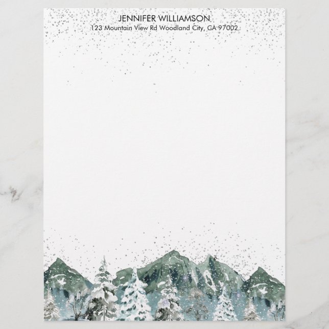 Watercolor Snowy Winter Mountains Forest Trees Custom Letterhead (Front)