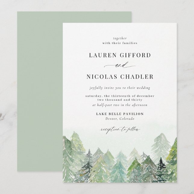 Watercolor Snowy Woodland Winter Wedding Invitation (Front/Back)