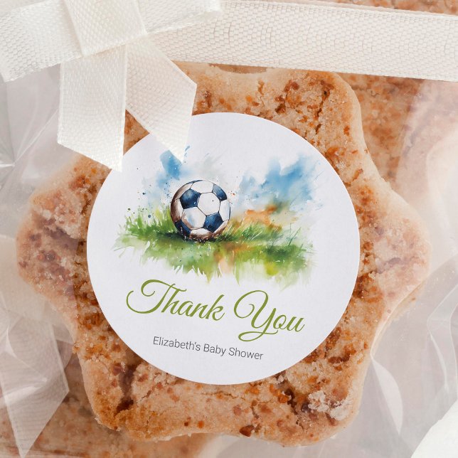 Watercolor Soccer Baby Shower  Classic Round Sticker (Creator Uploaded)