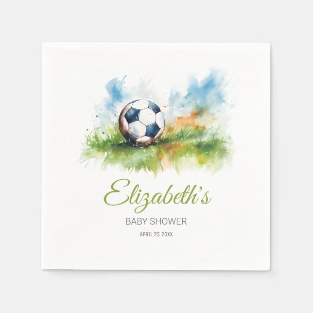 Watercolor Soccer Baby Shower Paper Napkin (Front)