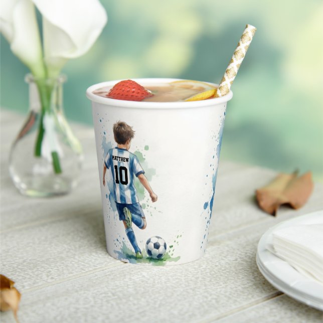 Watercolor Soccer Birthday Party Blue and Green Paper Cups (Insitu)