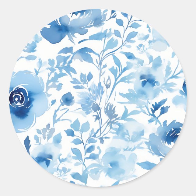 Watercolor Soft Blue Flowers Pattern Classic Round Sticker (Front)