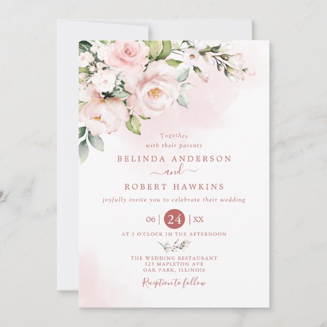 Watercolor soft blush pink Flowers Wedding Invitation (Front)