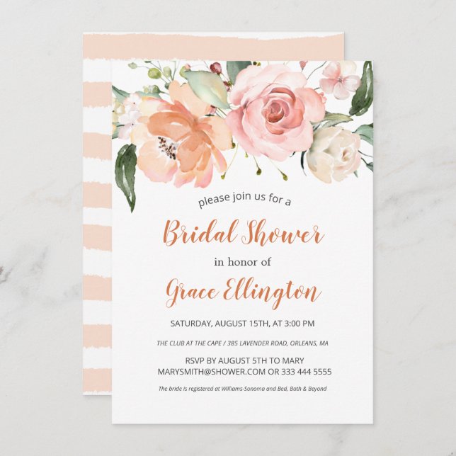 Watercolor soft peach roses Bridal Shower Invitation (Front/Back)