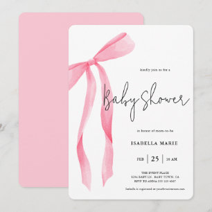 Watercolor Soft Pink Bow Baby Shower Invitation