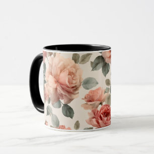 Watercolor Soft Pink Rose Beige Floral Pattern Mug