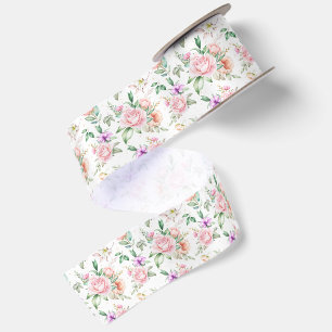 Watercolor Soft Pink Rose & Peony Floral Satin Ribbon