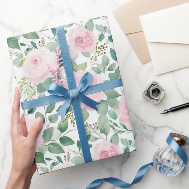 Watercolor Soft Pink Roses Floral  Wrapping Paper (Gifting)