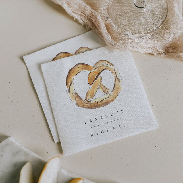 Watercolor Soft Pretzel Personalised Wedding Napkin (Watercolor pretzel New York City wedding napkins.)