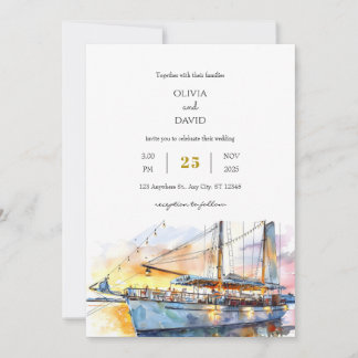 Watercolor Soft Sunset Sky Sailboat Beach Wedding  Invitation