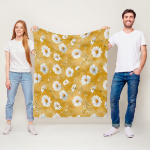Watercolor Soft Yellow Daisy White Floral Pattern Fleece Blanket