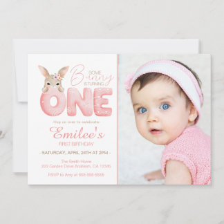 Watercolor Some Bunny is ONE photo Birthday Invitation