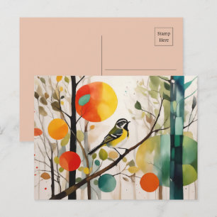 Watercolor Songbird In Autumn Forest Postcard